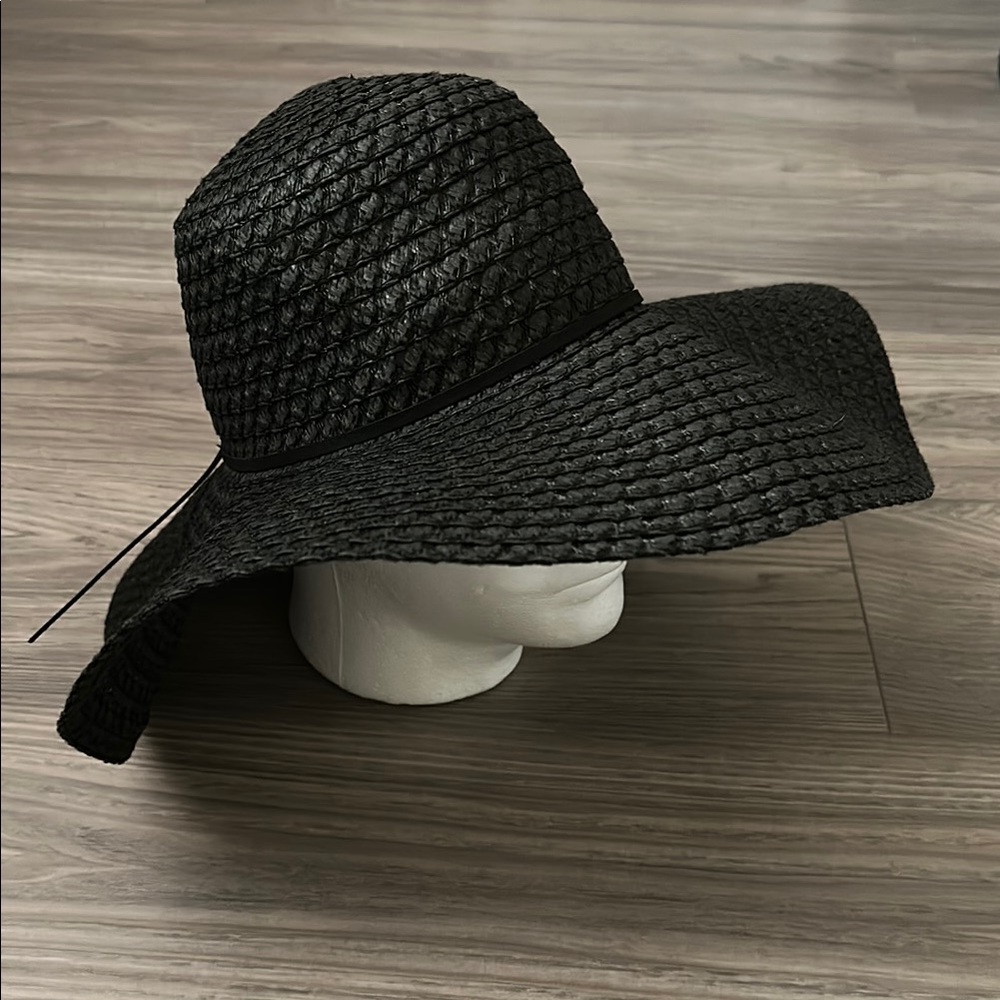 Black 18” Wide Brim Woven Sun Hat - Outdoors Beach Gardening Goth Wednesday